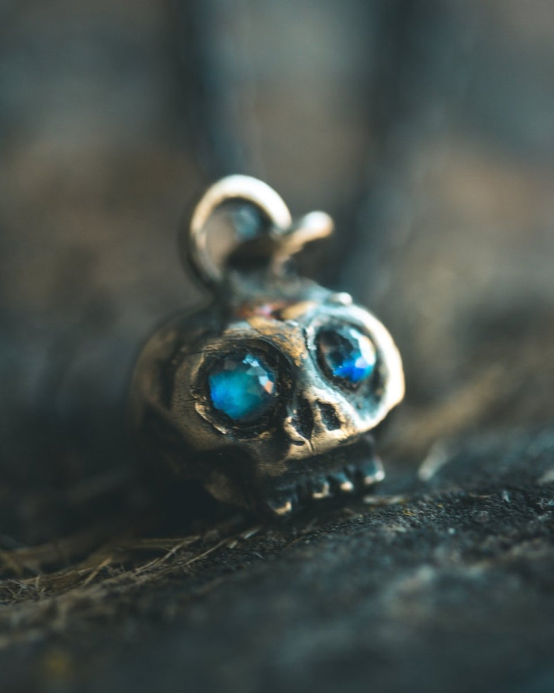 Memento Mori Skull Charm with Rose - Cut Rainbow Moonstone – Sterling Silver & 23.5K Gold | Talisman of Life, Death and Inner Light - Machinations