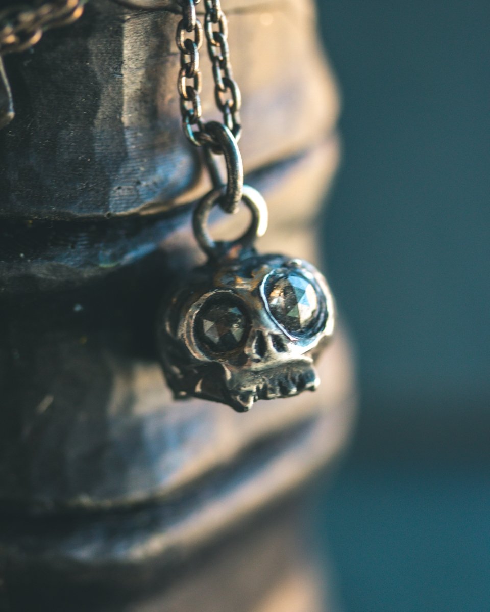 Memento Mori Skull Charm with Salt and Pepper Rose - Cut Diamond Eyes: A Reflection of Life’s Duality - Machinations