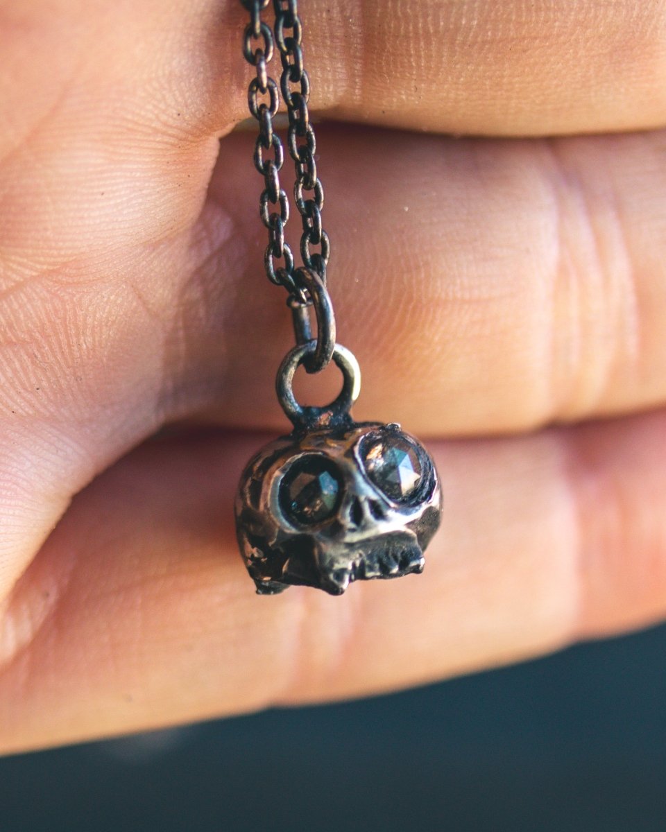 Memento Mori Skull Charm with Salt and Pepper Rose - Cut Diamond Eyes: A Reflection of Life’s Duality - Machinations