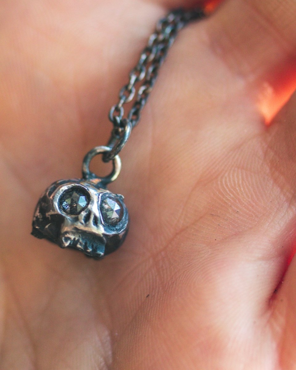 Memento Mori Skull Charm with Salt and Pepper Rose - Cut Diamond Eyes: A Reflection of Life’s Duality - Machinations