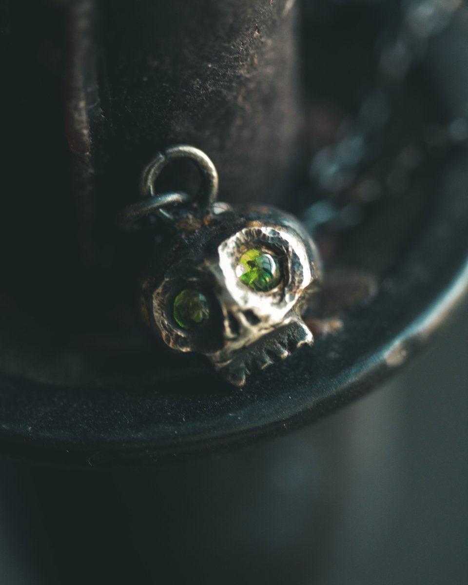 Memento Mori Skull Charm with Tsavorite Garnet – Sterling Silver & 23.5K Gold Talisman of Mortality, Transformation & Vital Life Force Only 1 Available - Machinations
