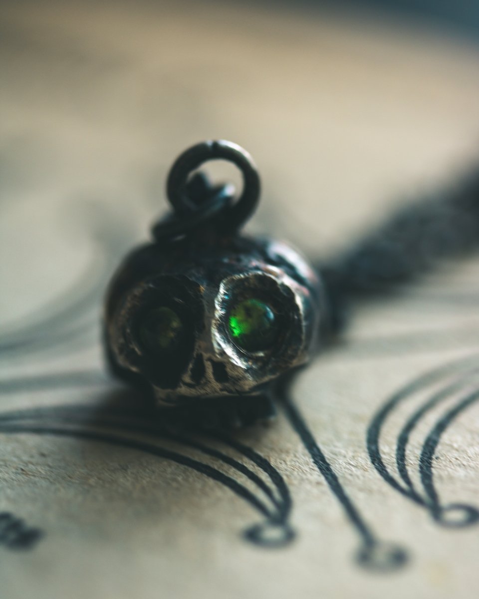 Memento Mori Skull Charm with Tsavorite Garnet – Sterling Silver & 23.5K Gold Talisman of Mortality, Transformation & Vital Life Force Only 1 Available - Machinations