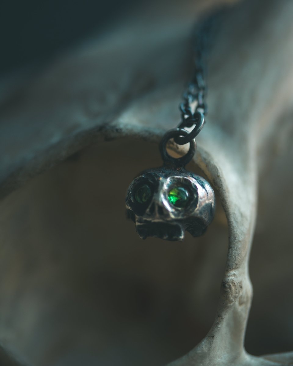 Memento Mori Skull Charm with Tsavorite Garnet – Sterling Silver & 23.5K Gold Talisman of Mortality, Transformation & Vital Life Force Only 1 Available - Machinations