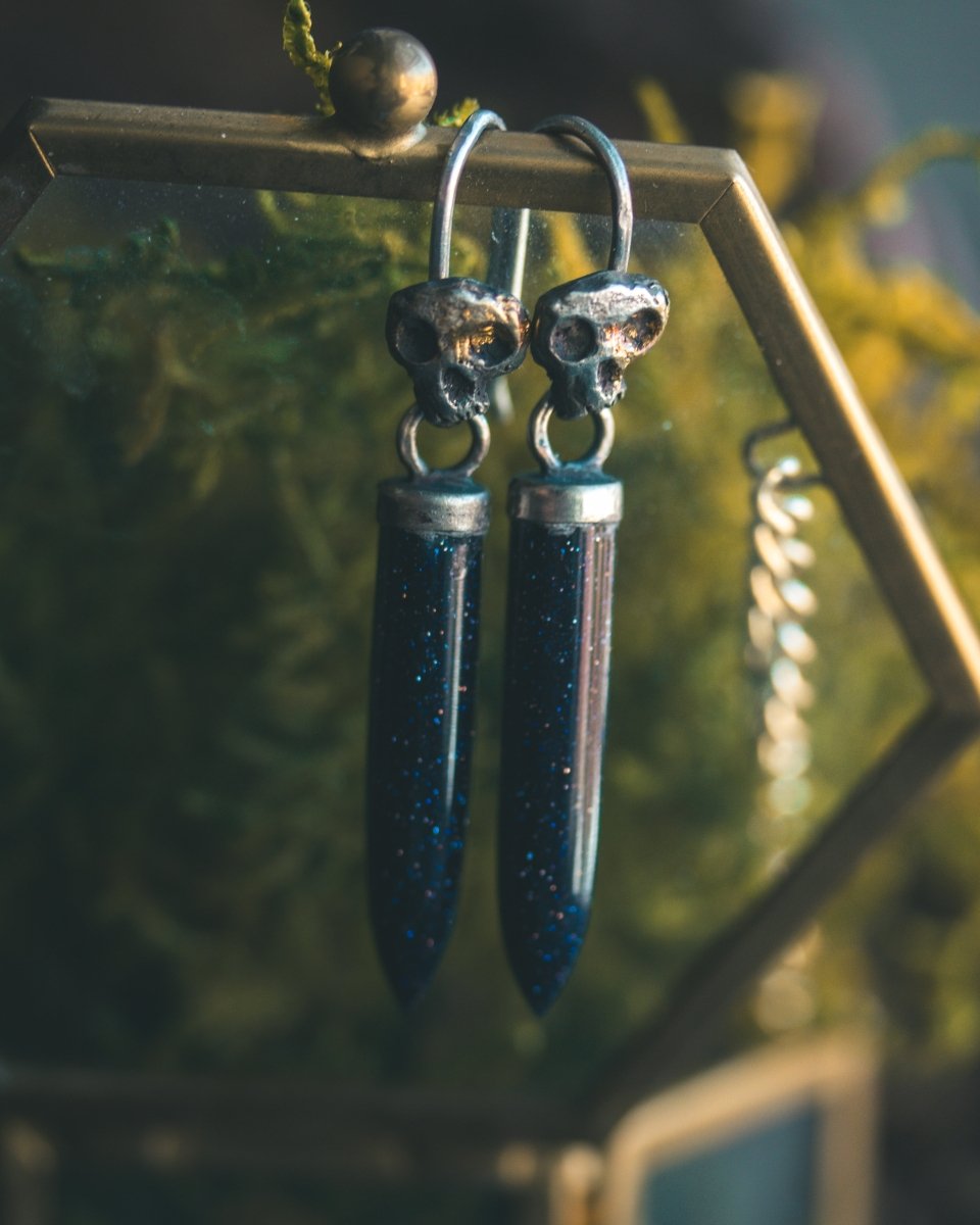 Natural Blue Sandstone Skull Drop Earrings: Embrace Mortality, Inner Strength, and Cosmic Energy - Machinations