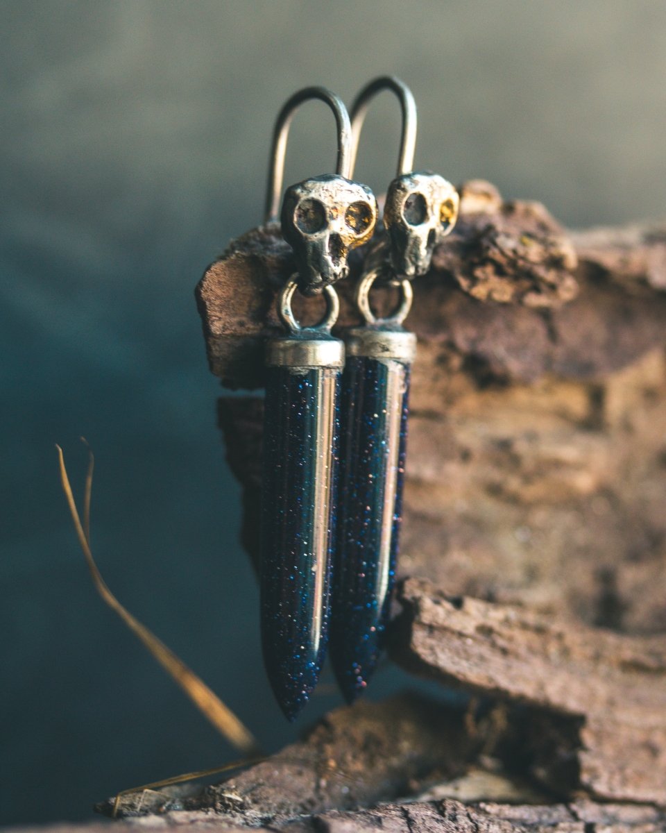 Natural Blue Sandstone Skull Drop Earrings: Embrace Mortality, Inner Strength, and Cosmic Energy - Machinations