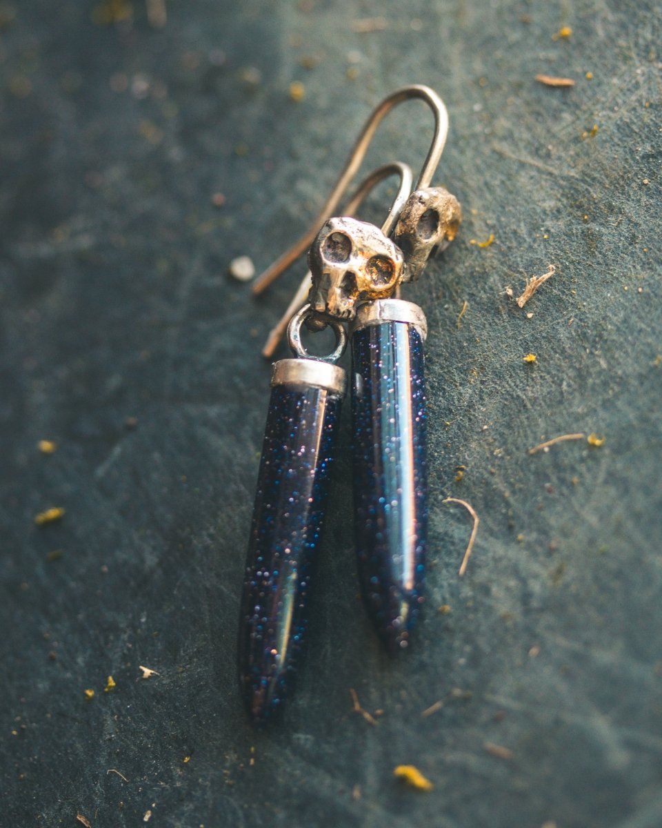 Natural Blue Sandstone Skull Drop Earrings: Embrace Mortality, Inner Strength, and Cosmic Energy - Machinations