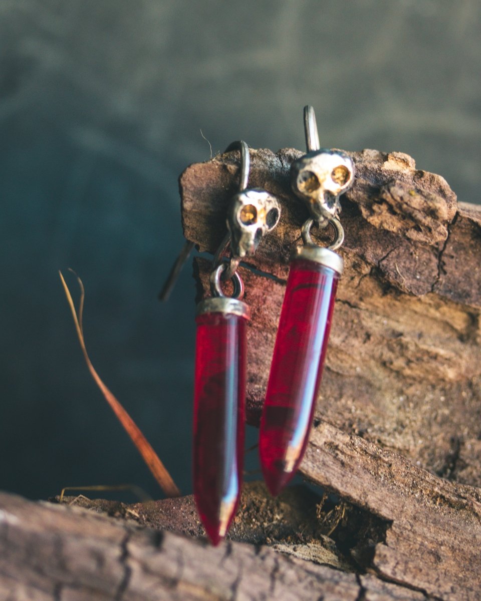 Natural Red Garnet Quartz Skull Drop Earrings: Embrace Mortality, Inner Strength, and Fiery Energy - Machinations