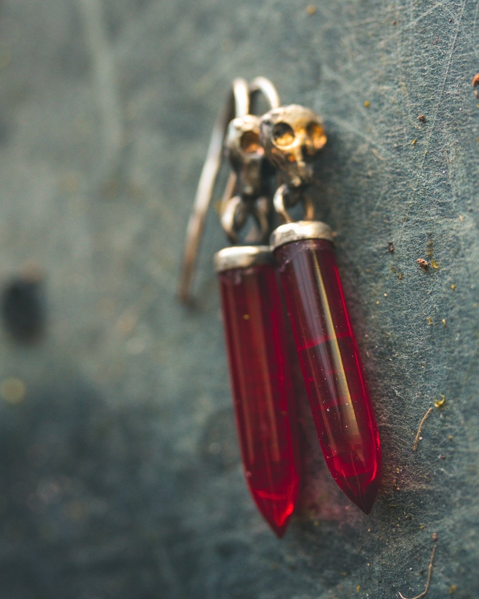 Natural Red Garnet Quartz Skull Drop Earrings: Embrace Mortality, Inner Strength, and Fiery Energy - Machinations