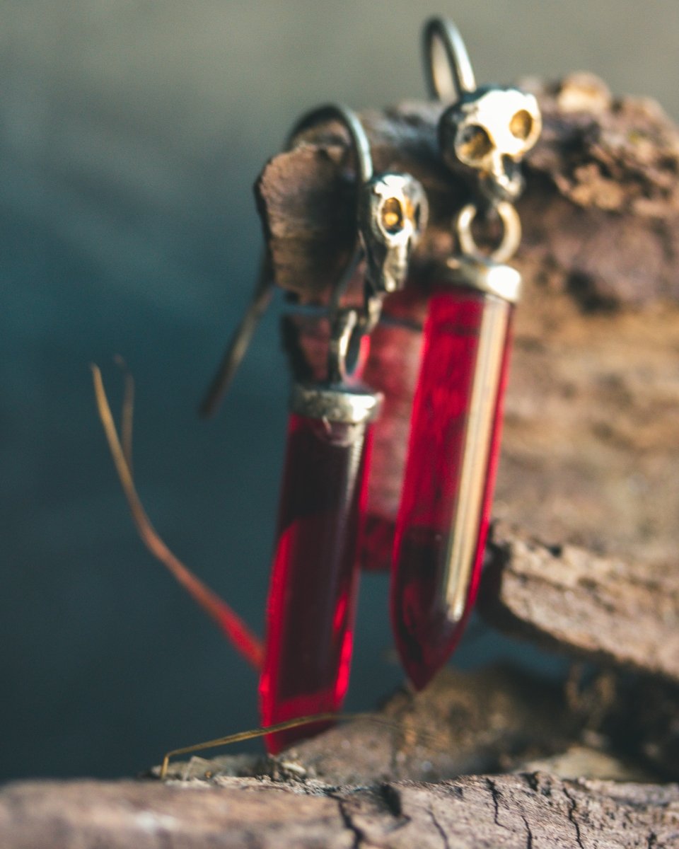 Natural Red Garnet Quartz Skull Drop Earrings: Embrace Mortality, Inner Strength, and Fiery Energy - Machinations