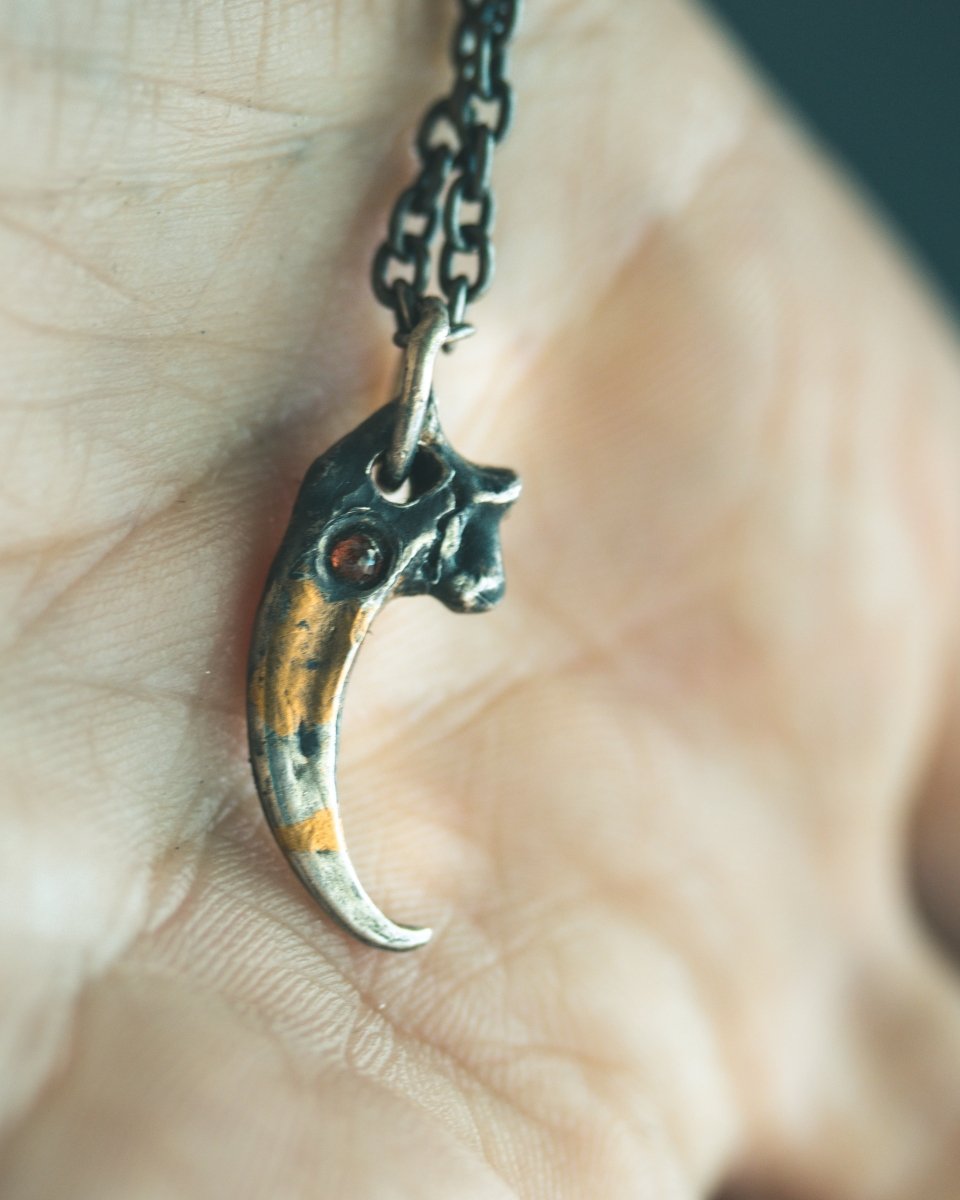 Peregrine Falcon Talon Pendant with Garnet Cabochon – Sterling Silver & 23.5K Gold Talisman of Freedom, Vision, and Transformation - Machinations