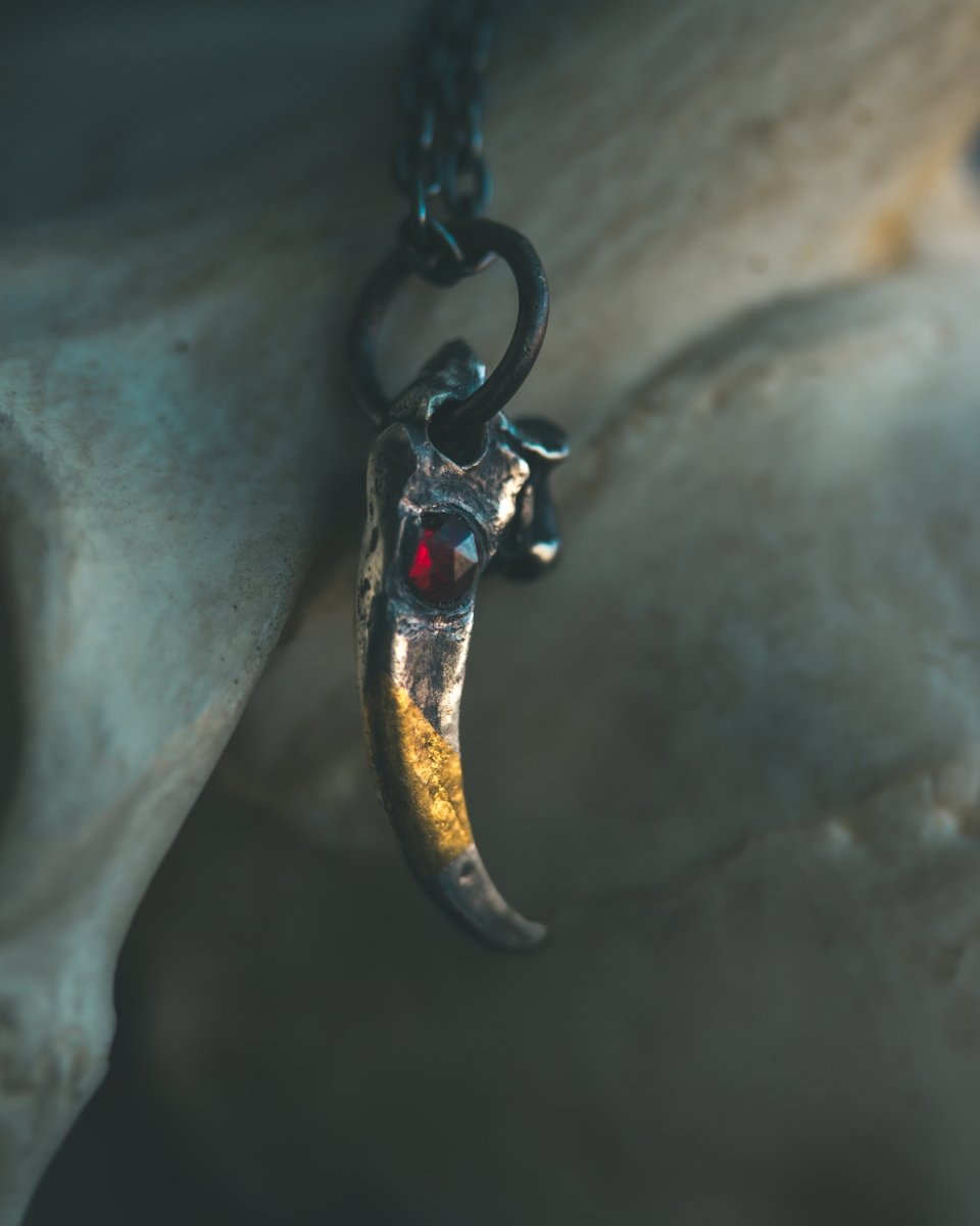 Peregrine Falcon Talon Pendant with Rose - Cut Garnet in Sterling Silver and 23.5K Gold: A Talisman of Vision, Freedom, and Swift Transformation - Machinations