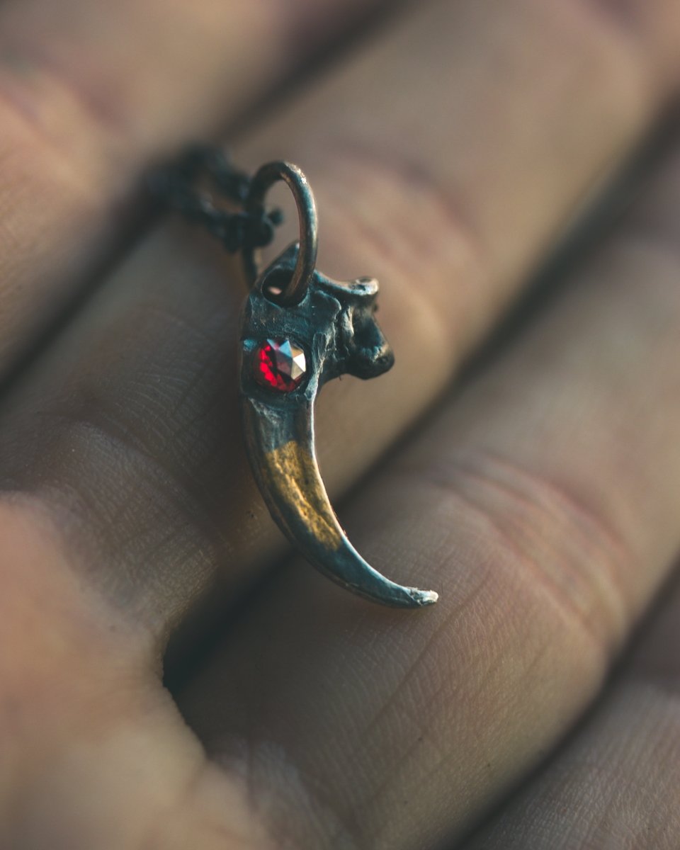 Peregrine Falcon Talon Pendant with Rose - Cut Garnet in Sterling Silver and 23.5K Gold: A Talisman of Vision, Freedom, and Swift Transformation - Machinations