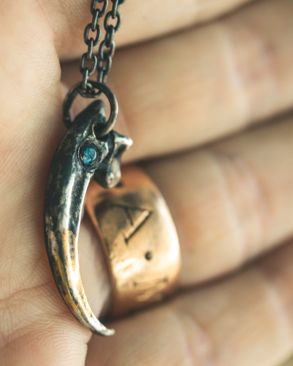 Raven Talon Pendant with Moonstone in Sterling Silver and 23.5K Gold A Talisman of Prophecy, Protection, and Intuition - Machinations