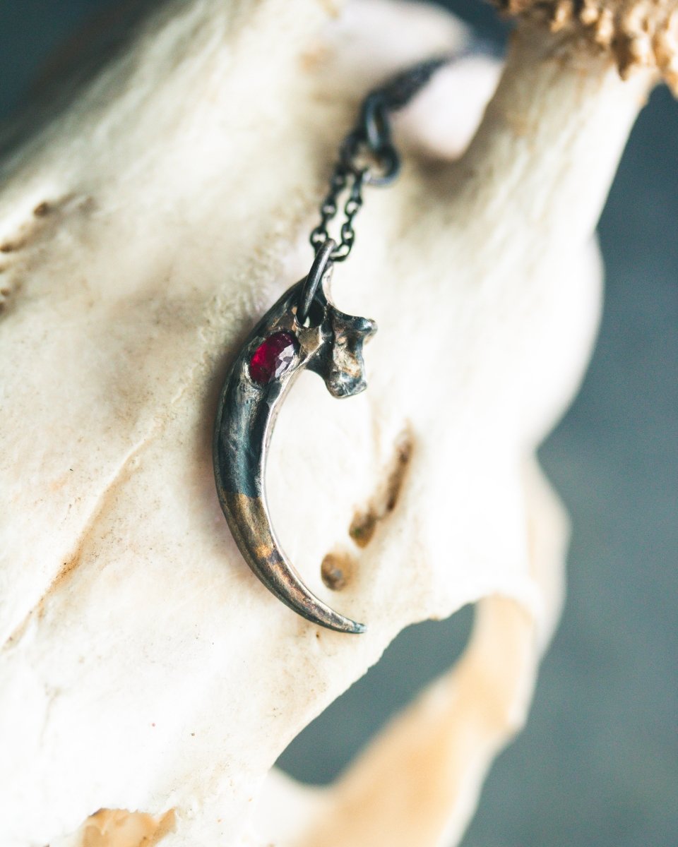 Raven Talon Pendant with Rose - Cut Ruby in Sterling Silver and 23.5K Gold: A Talisman of Passion, Courage, and Transformation - Machinations