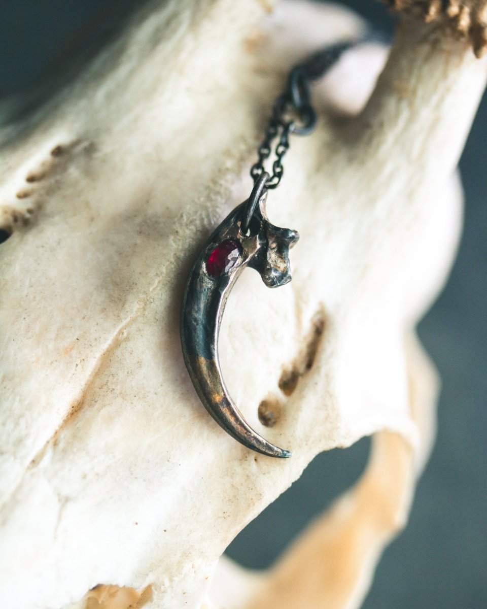 Raven Talon Pendant with Rose - Cut Ruby in Sterling Silver and 23.5K Gold: A Talisman of Passion, Courage, and Transformation - Machinations