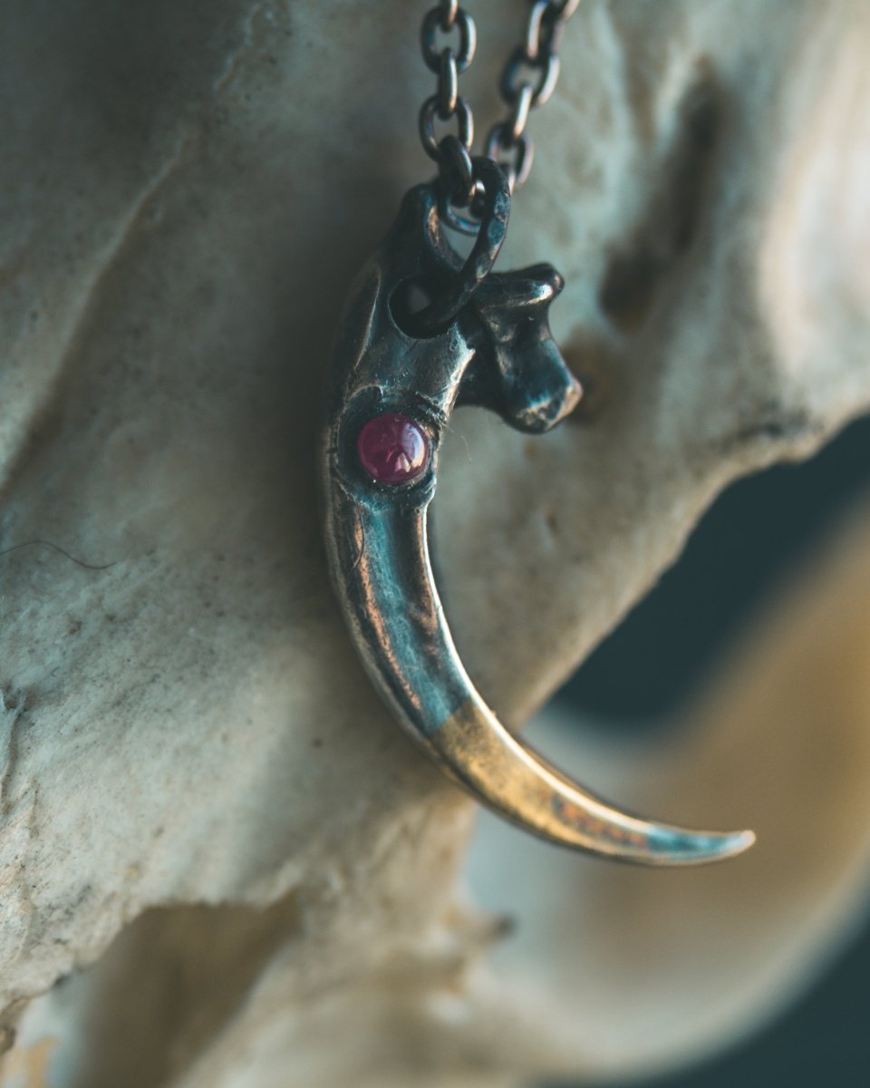 Raven Talon Pendant with Ruby Cabochon in Sterling Silver and 23.5K Gold: A Talisman of Prophecy, Protection, and Primal Power - Machinations