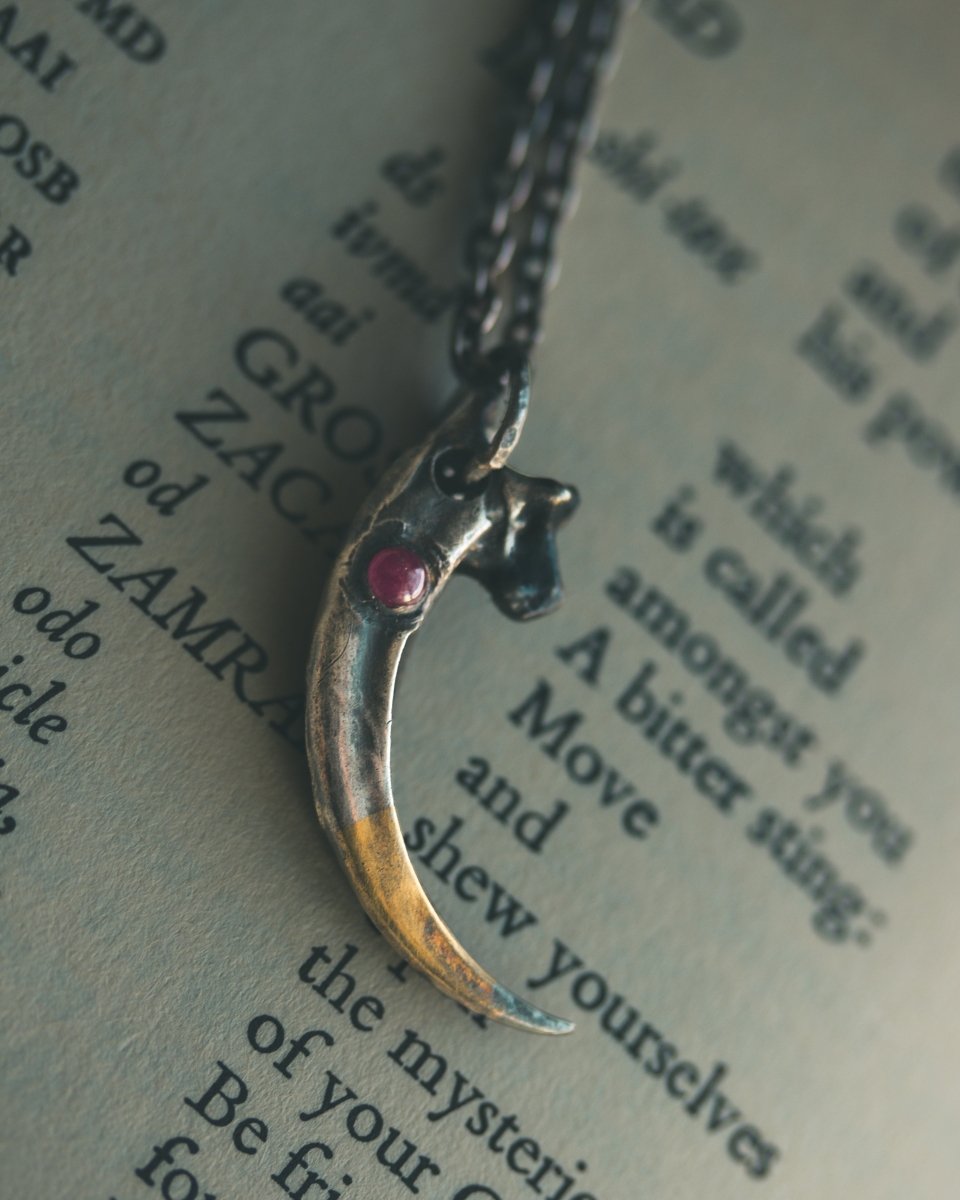 Raven Talon Pendant with Ruby Cabochon in Sterling Silver and 23.5K Gold: A Talisman of Prophecy, Protection, and Primal Power - Machinations