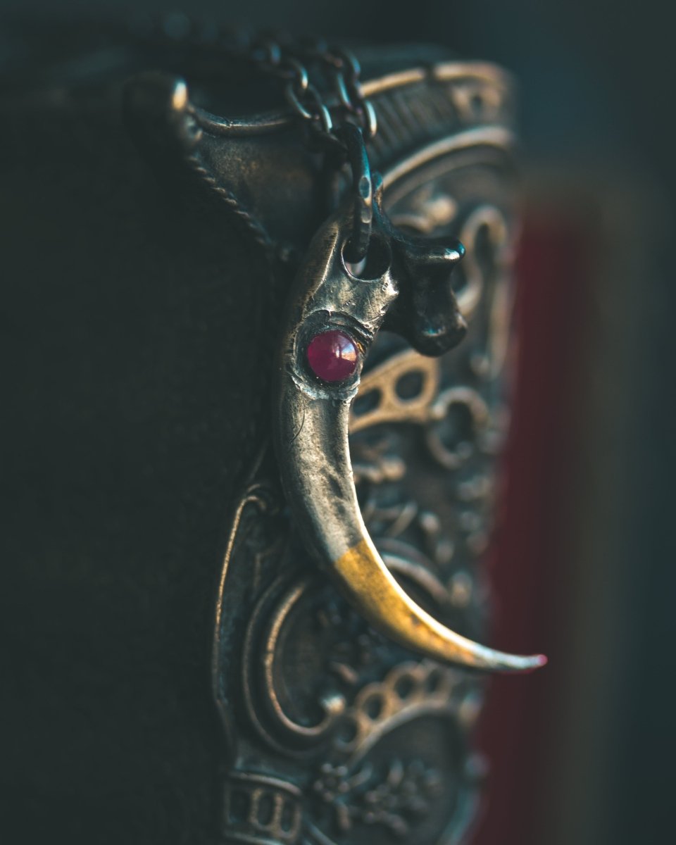 Raven Talon Pendant with Ruby Cabochon in Sterling Silver and 23.5K Gold: A Talisman of Prophecy, Protection, and Primal Power - Machinations