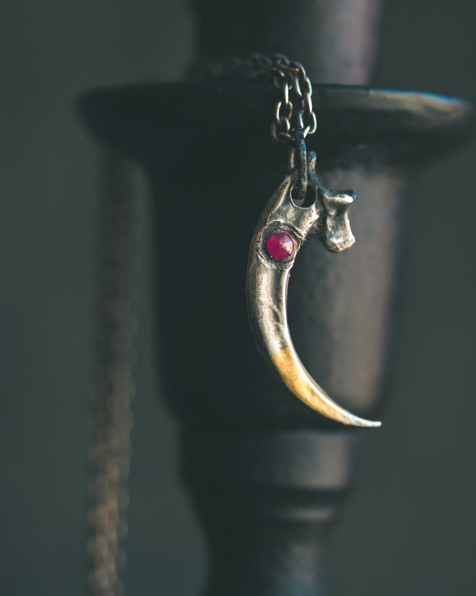 Raven Talon Pendant with Ruby Cabochon in Sterling Silver and 23.5K Gold: A Talisman of Prophecy, Protection, and Primal Power - Machinations