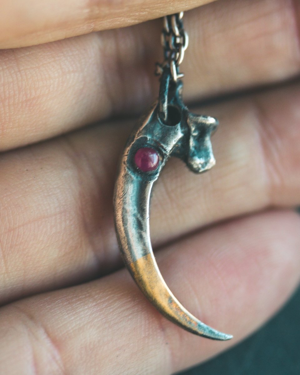 Raven Talon Pendant with Ruby Cabochon in Sterling Silver and 23.5K Gold: A Talisman of Prophecy, Protection, and Primal Power - Machinations