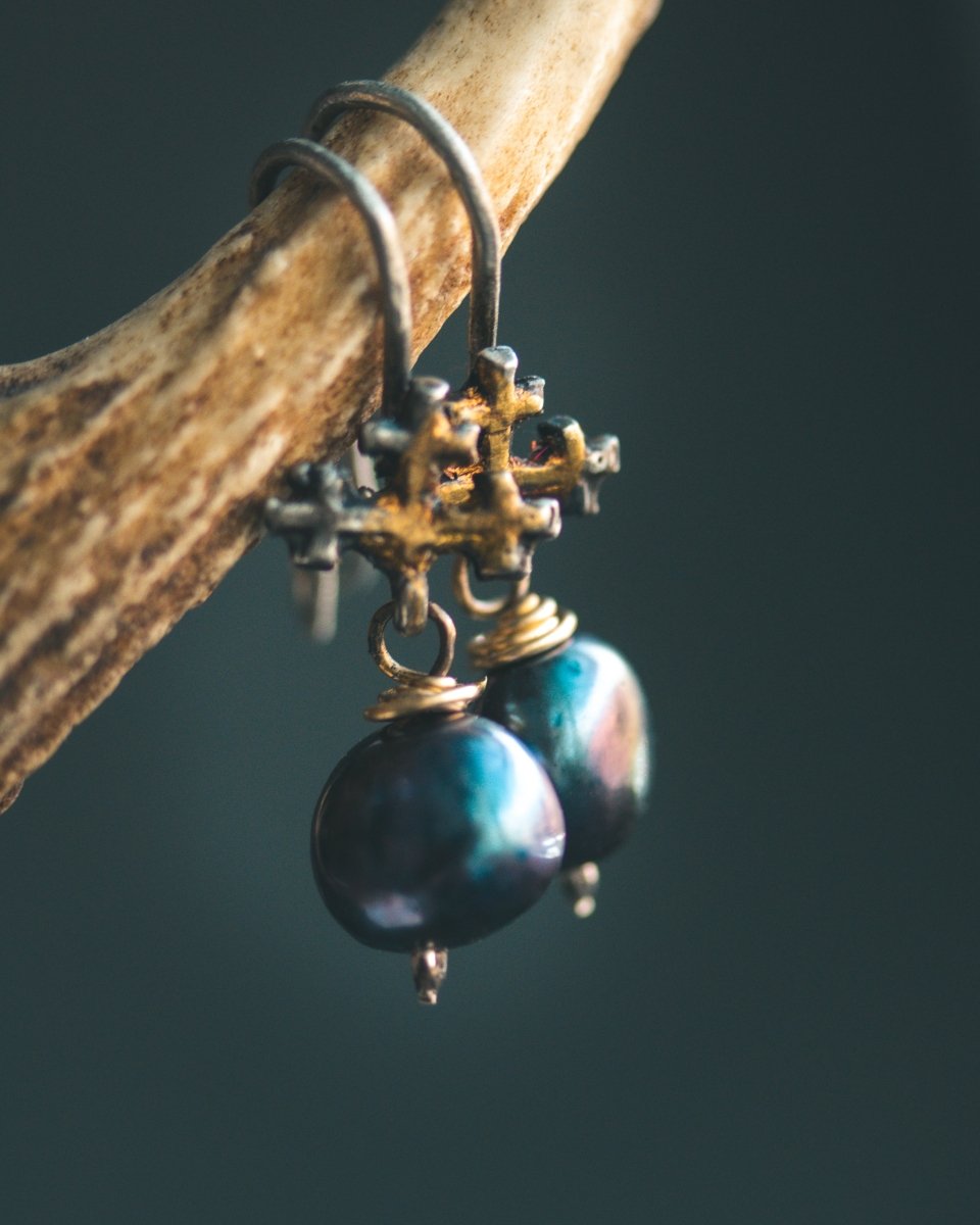 Sword Hilt Ear Wire Earring Hooks with Small Black Freshwater Pearls: A Symbol of Strength, Protection, and Myster - Machinations