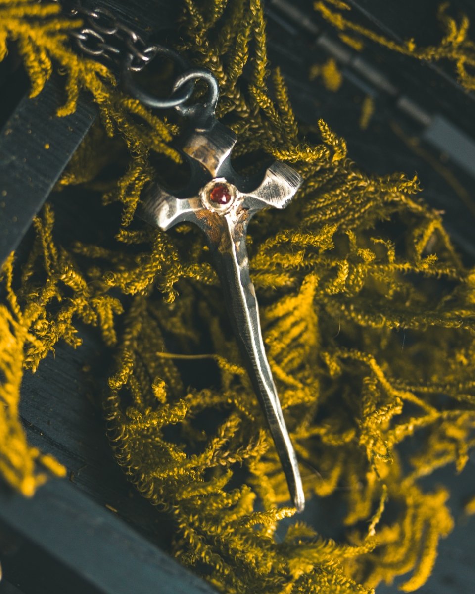 Sword Pendant with Almandine Garnet – Sterling Silver & 23.5K Gold Talisman of Fire, Strength, and Sacred Craft - Machinations