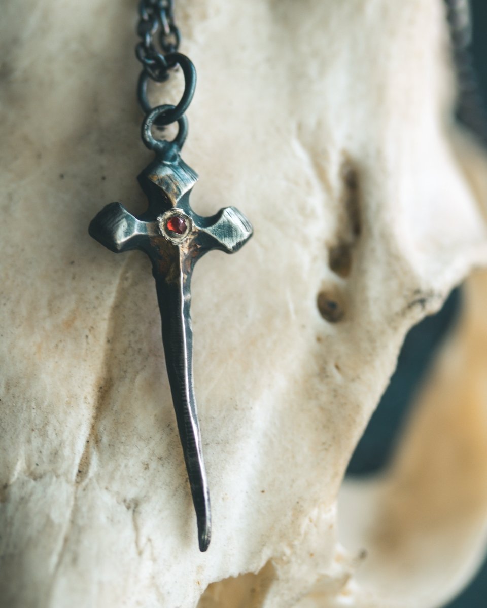 Sword Pendant with Almandine Garnet – Sterling Silver & 23.5K Gold Talisman of Fire, Strength, and Sacred Craft - Machinations