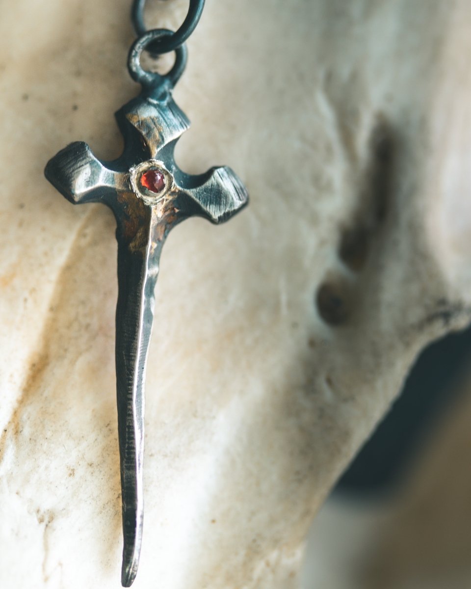 Sword Pendant with Almandine Garnet – Sterling Silver & 23.5K Gold Talisman of Fire, Strength, and Sacred Craft - Machinations