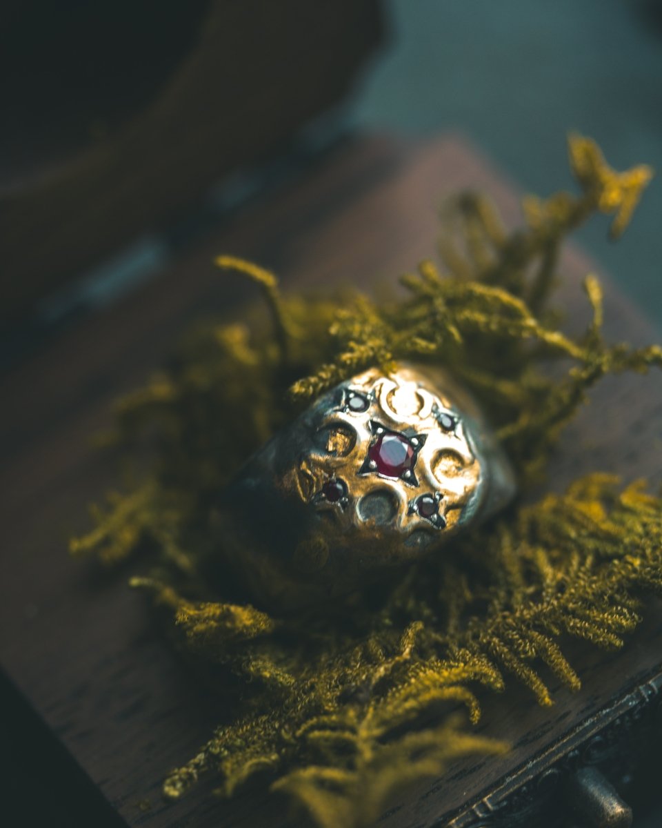 True Cross Signet Ring with Ruby – Sterling Silver & 23K Gold Talisman of Purpose, Direction & Sacred Strength - Machinations