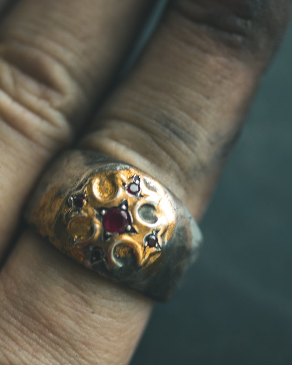 True Cross Signet Ring with Ruby – Sterling Silver & 23K Gold Talisman of Purpose, Direction & Sacred Strength - Machinations