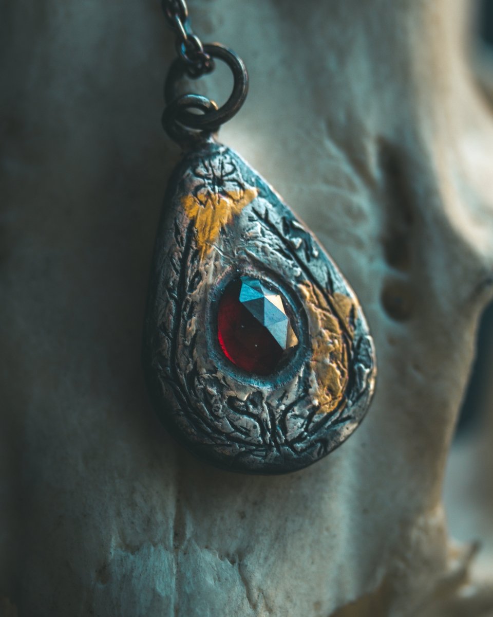 Yaga's Cabinet: Wheat & Flame Talisman | Sterling Silver | 23.5K Keum - boo Gold | Almandine Garnet - Machinations