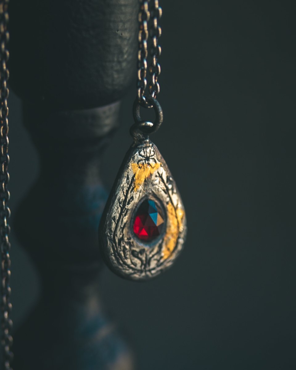 Yaga's Cabinet: Wheat & Flame Talisman | Sterling Silver | 23.5K Keum - boo Gold | Almandine Garnet - Machinations