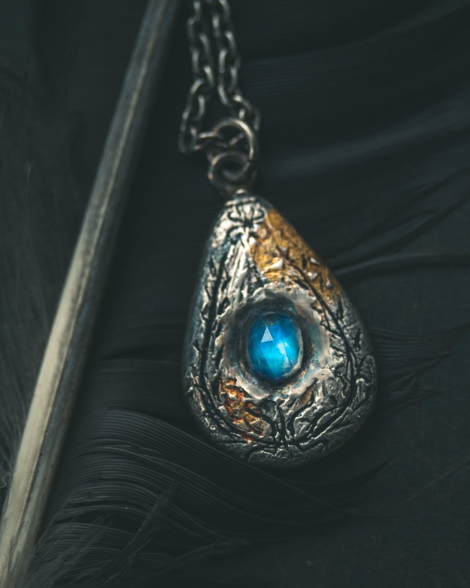 Yaga's Cabinet: Wheat & Flame Talisman | Sterling Silver | 23.5K Keum - boo Gold | Blue Flash Moonstone - Machinations