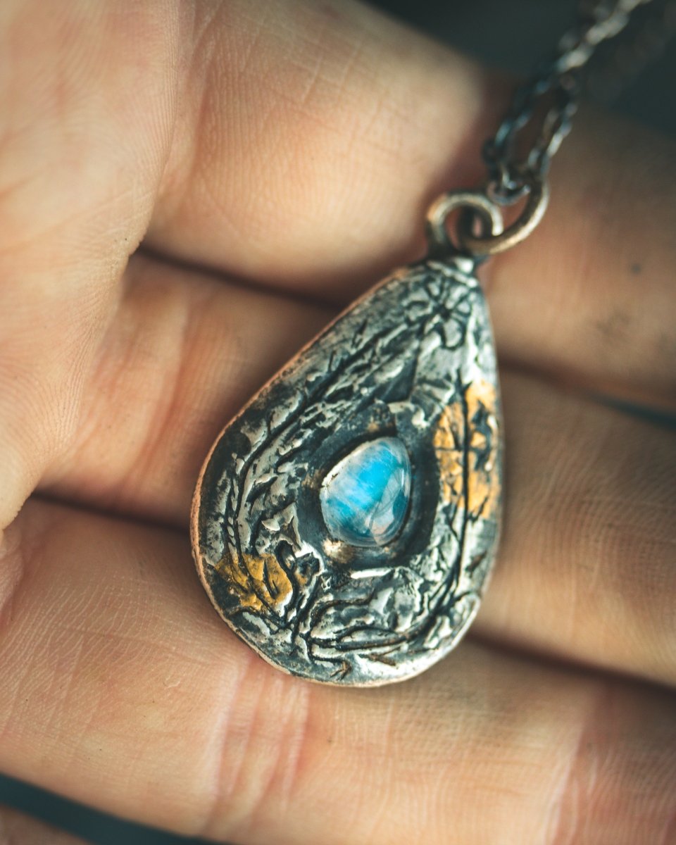 Yaga's Cabinet: Wheat & Flame Talisman | Sterling Silver | 23.5K Keum - boo Gold | Blue Flash Moonstone - Machinations