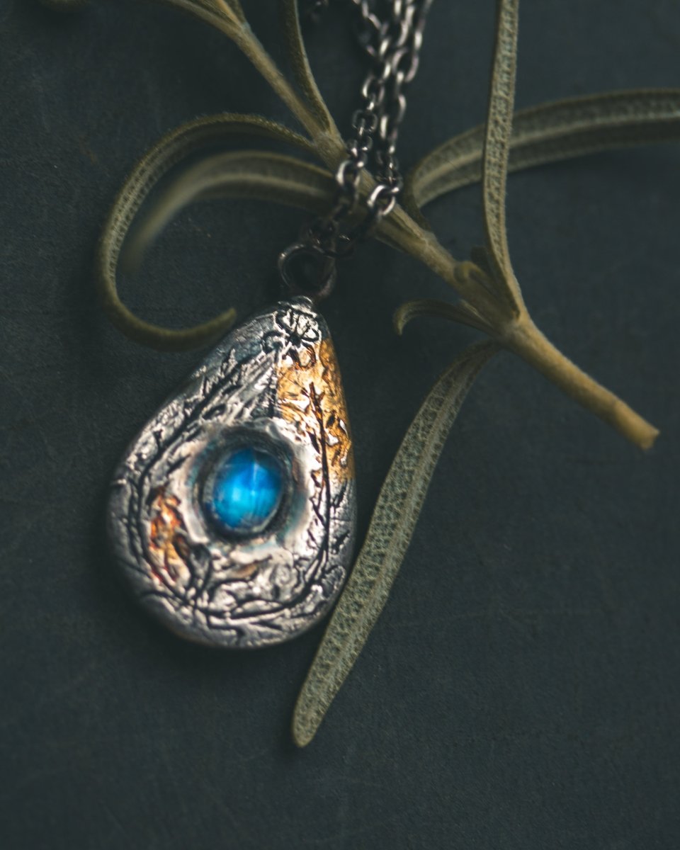 Yaga's Cabinet: Wheat & Flame Talisman | Sterling Silver | 23.5K Keum - boo Gold | Blue Flash Moonstone - Machinations