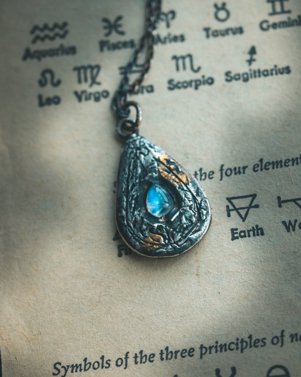 Yaga's Cabinet: Wheat & Flame Talisman | Sterling Silver | 23.5K Keum - boo Gold | Blue Flash Moonstone - Machinations