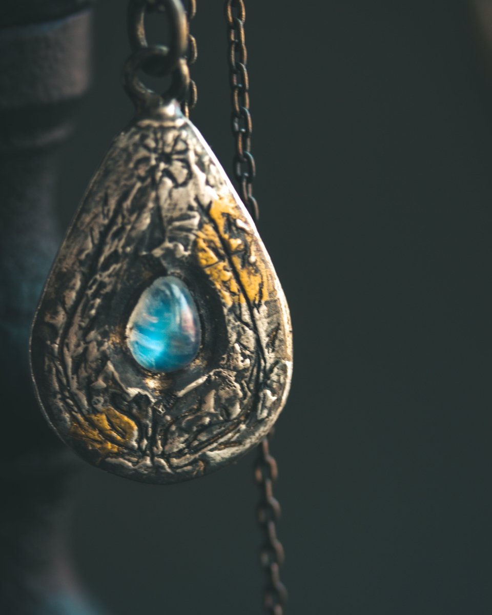 Yaga's Cabinet: Wheat & Flame Talisman | Sterling Silver | 23.5K Keum - boo Gold | Blue Flash Moonstone - Machinations