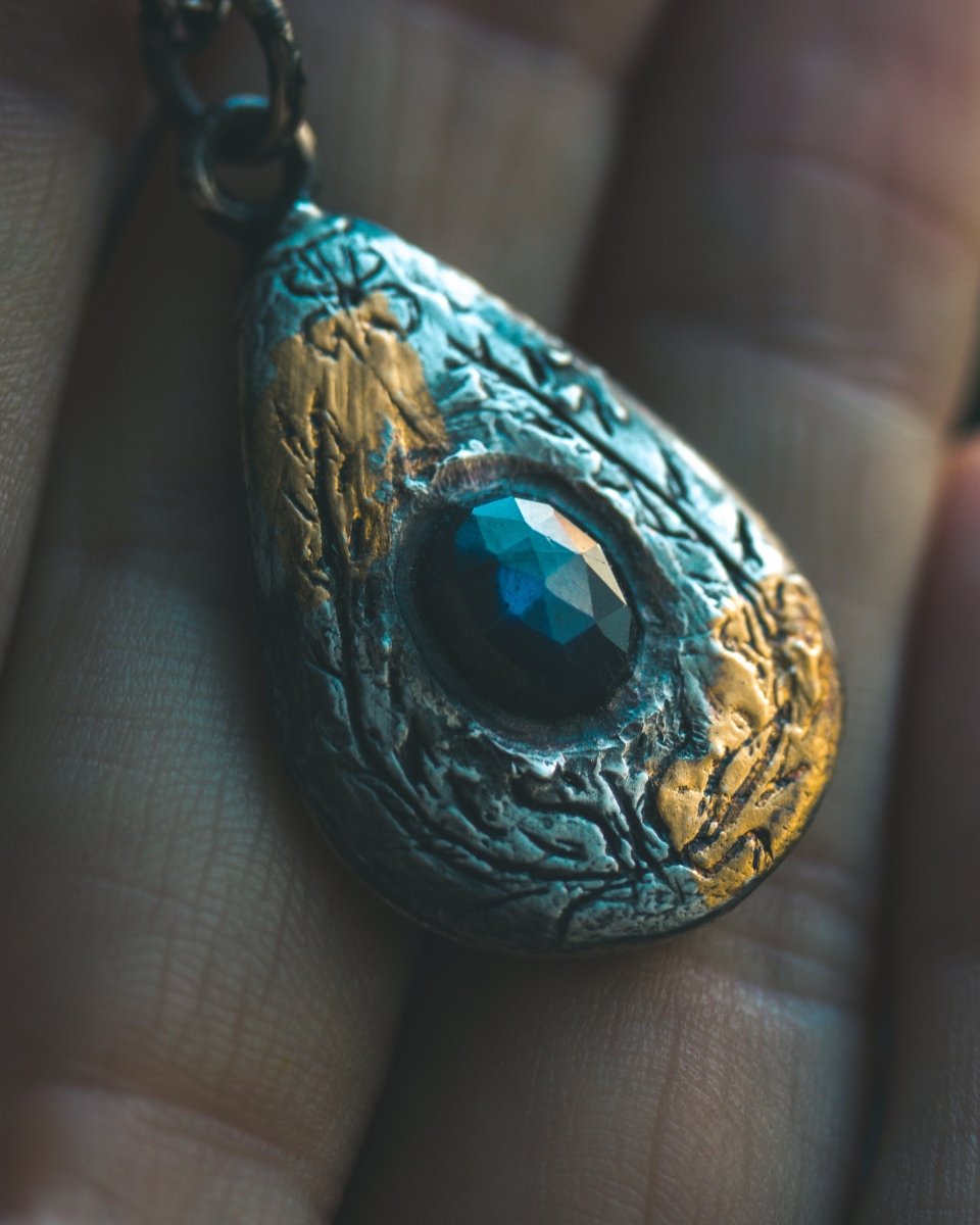 Yaga's Cabinet: Wheat & Flame Talisman | Sterling Silver | 23.5K Keum - boo Gold | Dark Labradorite - Machinations