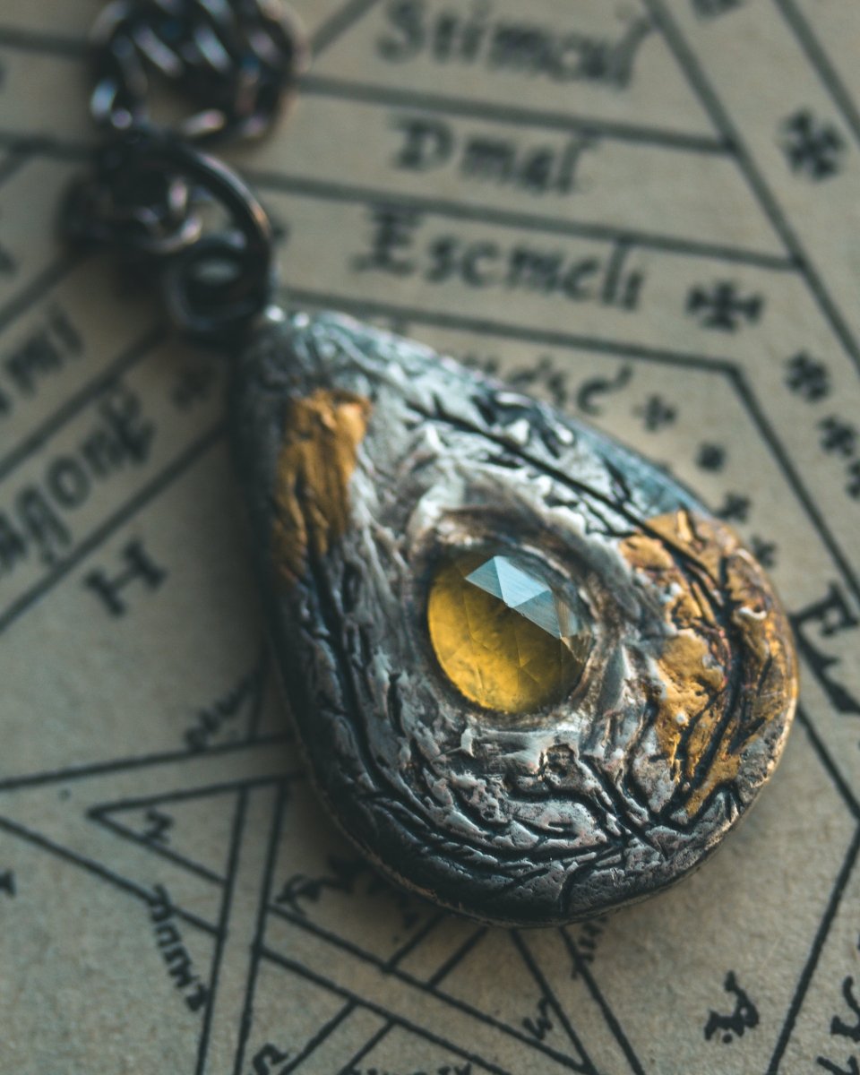 Yaga's Cabinet: Wheat & Flame Talisman | Sterling Silver | 23.5K Keum - boo Gold | Peridot - Machinations
