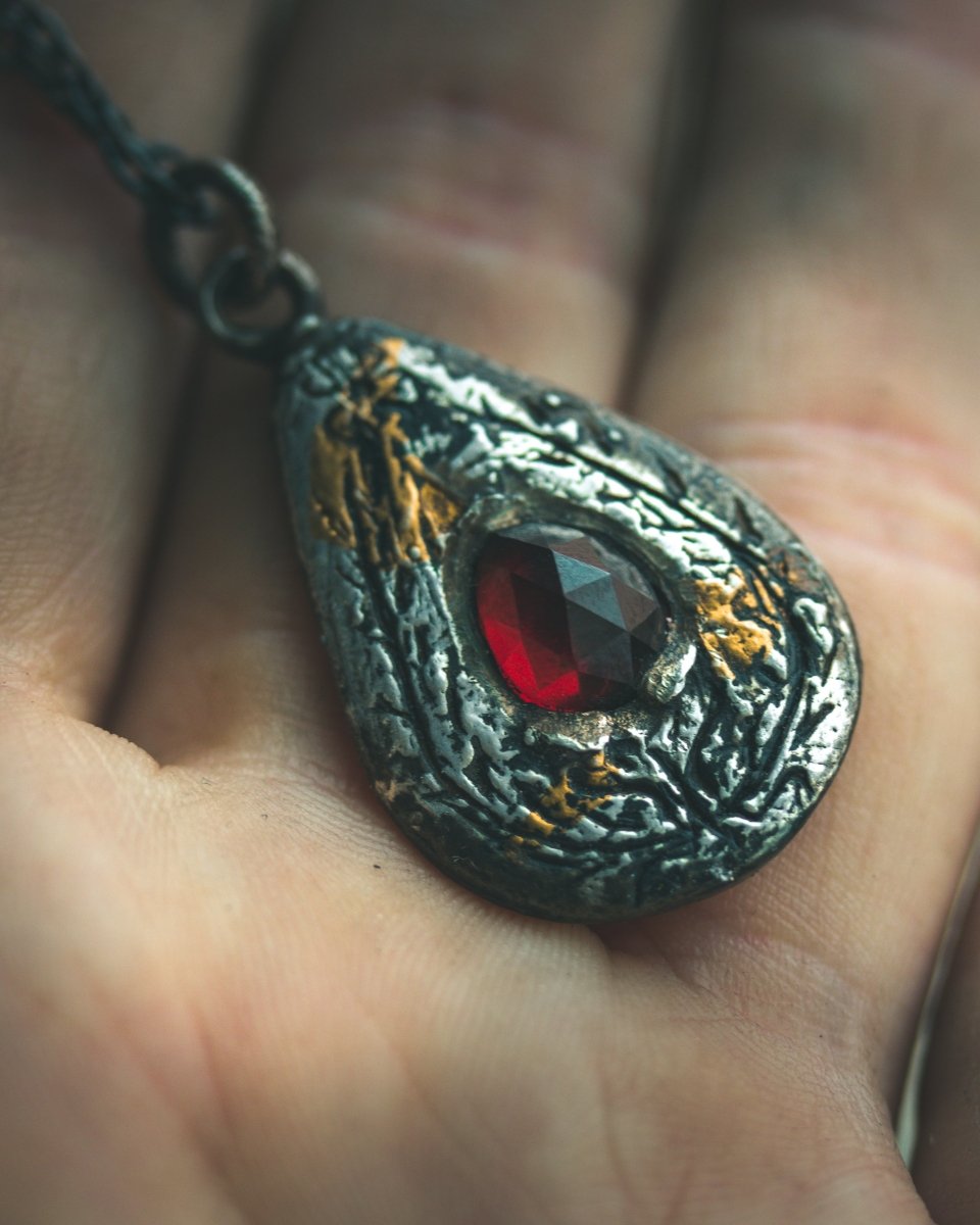 Yaga's Cabinet: Wheat & Flame Talisman - Sterling Silver | 23.5K Keum - boo Gold | Rose - Cut Garnet - Machinations